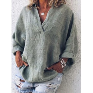 Lapel Solid Color Loose Long Sleeve Blouse For Women