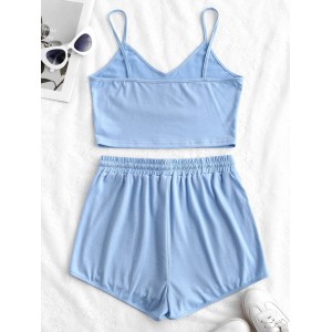  Solid Crop Cami Sports Two Pieces Suit - Light Blue S